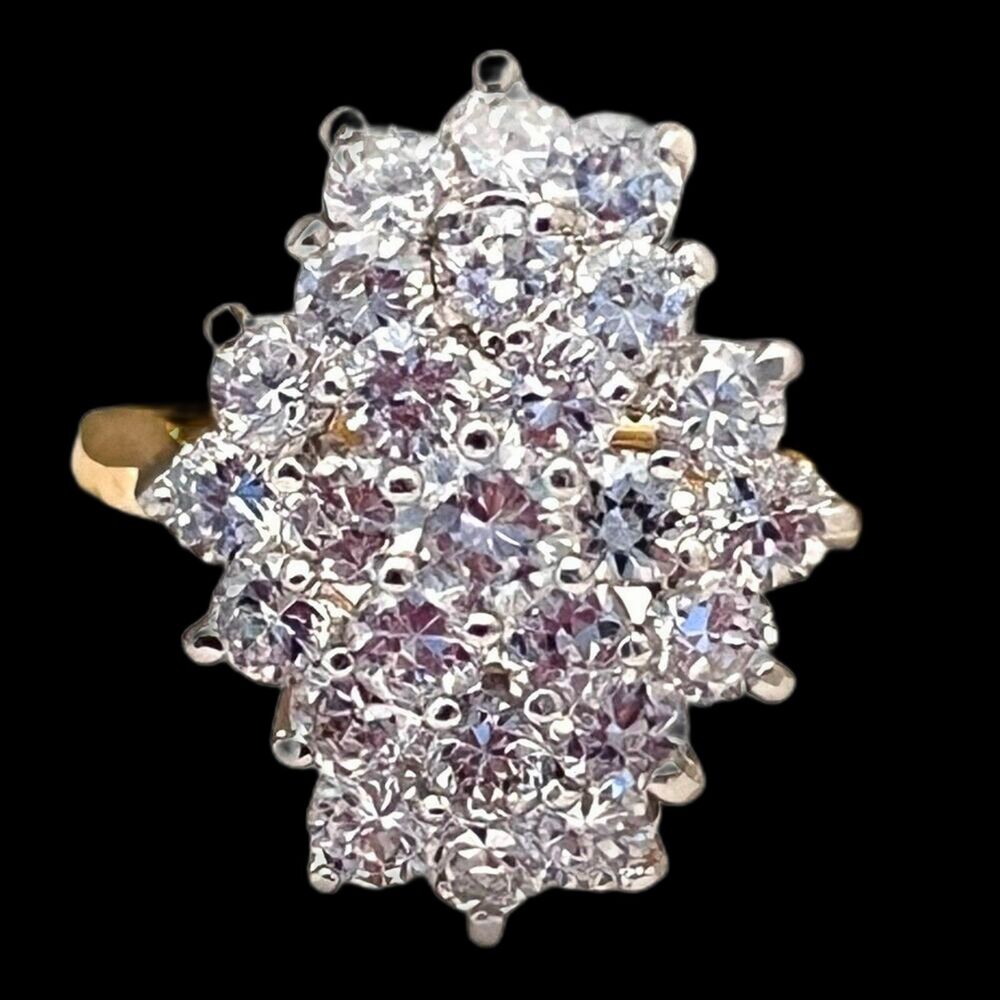 Vintage 1980s Ring Size 7 CZ Cluster Cocktail Gold Plated Band - 14H